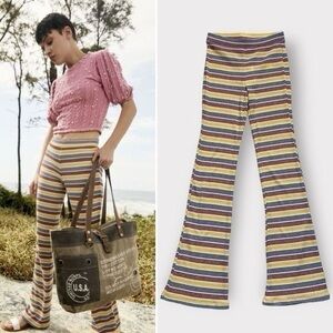 Zara Stripe Ribbed Stretch Bell Bottom Flare Pull On 90s Retro Inspired Pants